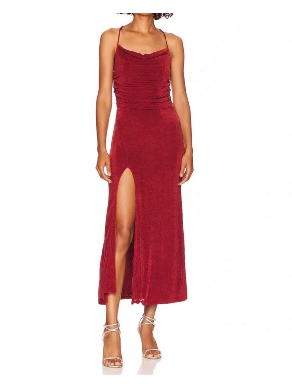Bardot Covet X-Back Maxi Dress Rust Red Ruched Slit Gown XS